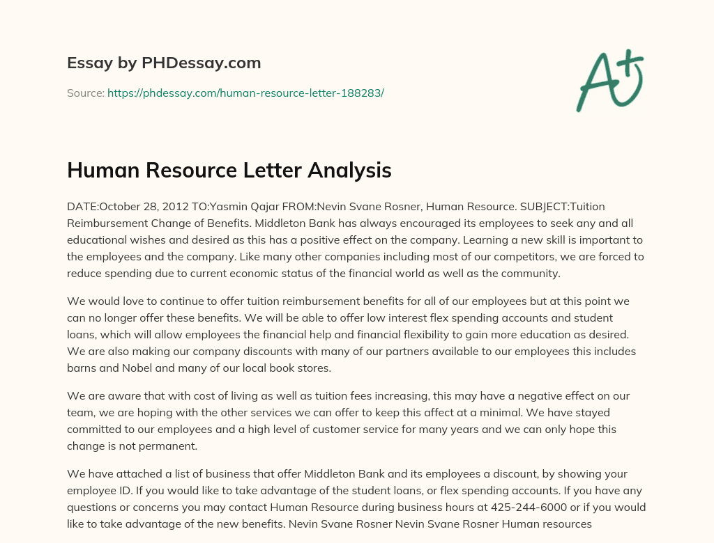 Human Resource Letter Analysis essay
