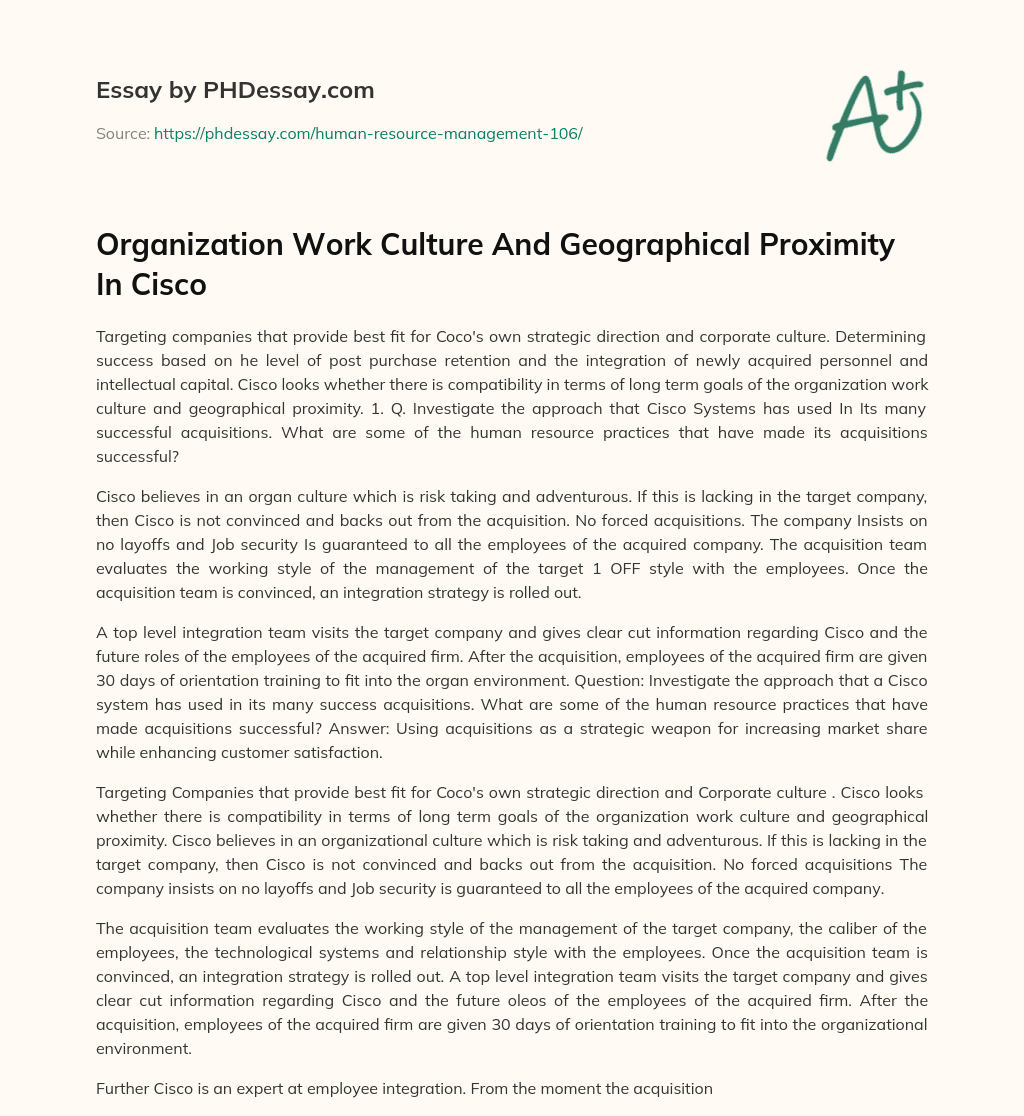 Organization Work Culture And Geographical Proximity In Cisco essay