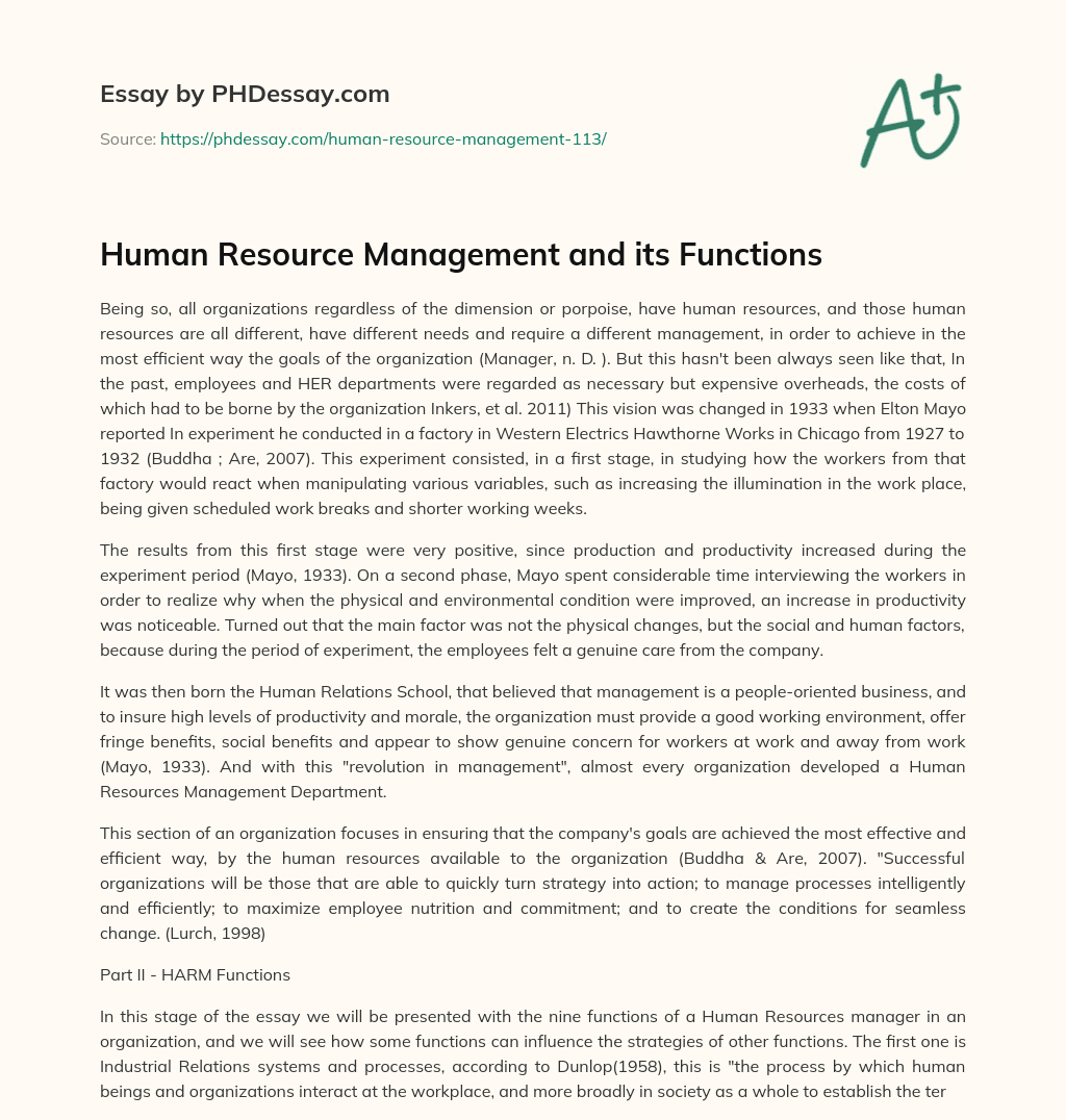Human Resource Management and its Functions essay