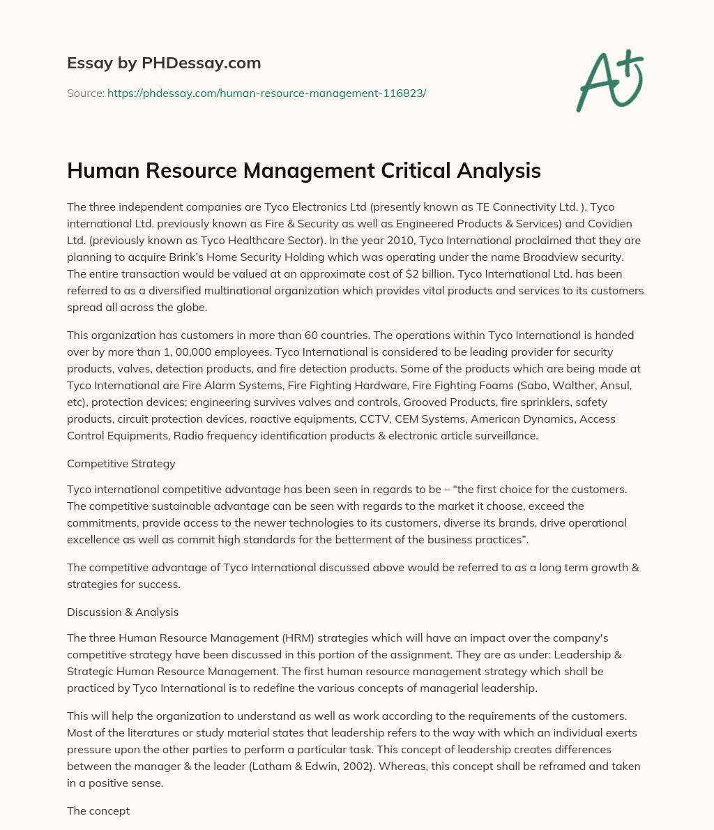 Human Resource Management Critical Analysis essay