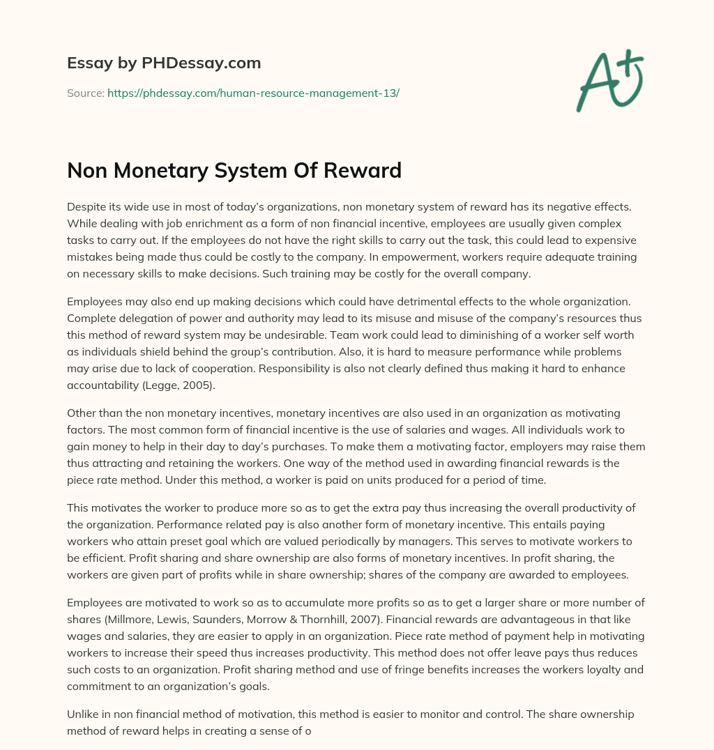 Non Monetary System Of Reward essay