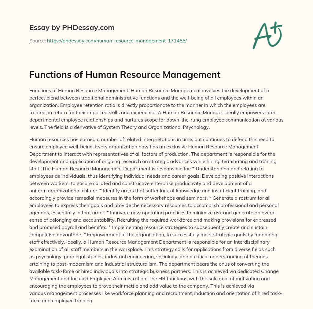 Functions of Human Resource Management essay