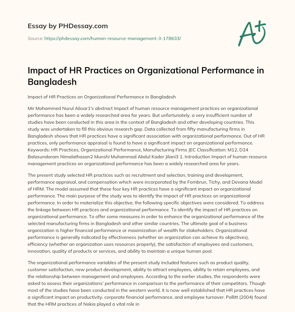 Impact of HR Practices on Organizational Performance in Bangladesh essay