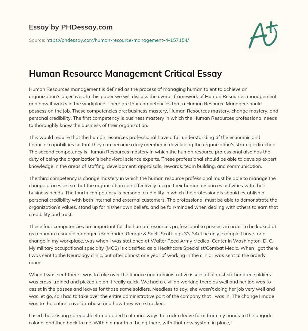Human Resource Management Critical Essay essay