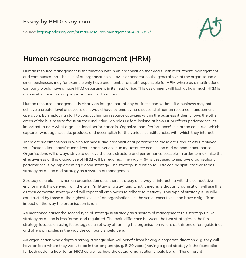 Human resource management (HRM) essay