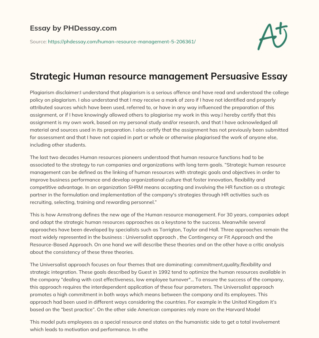 Strategic Human resource management Persuasive Essay essay