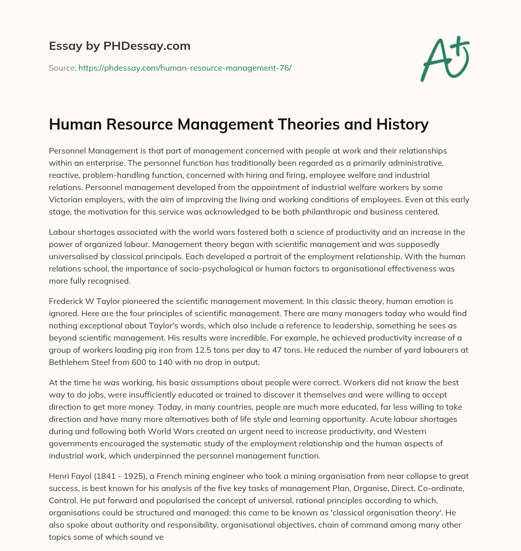 Human Resource Management Theories and History essay