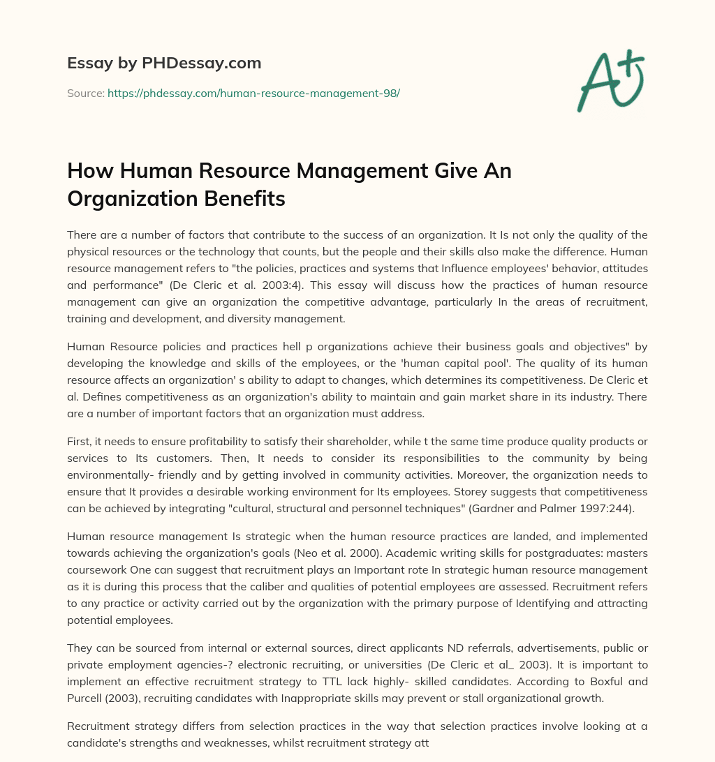 How Human Resource Management Give An Organization Benefits essay