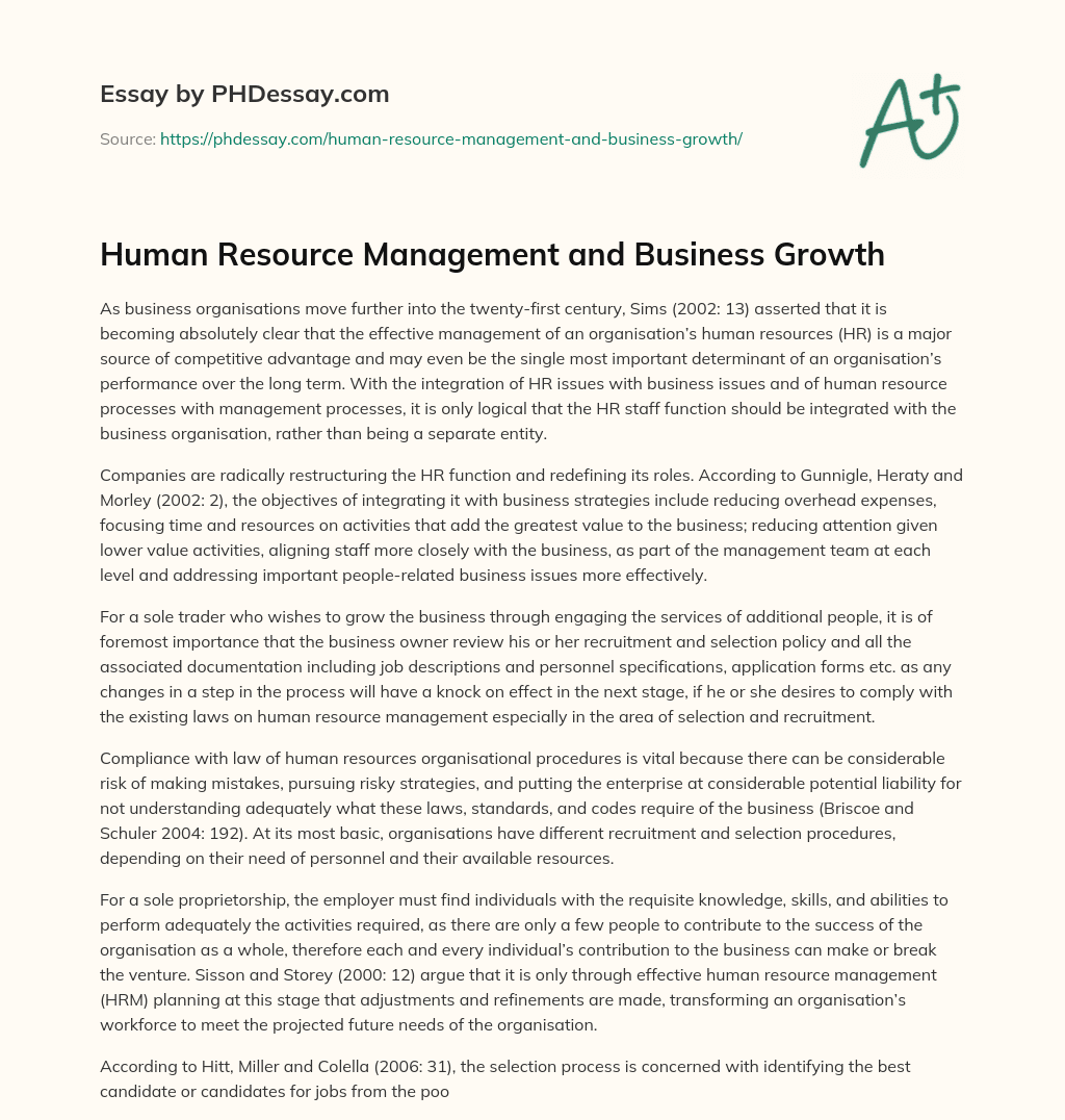 Human Resource Management and Business Growth essay