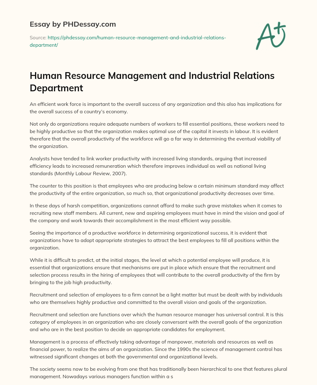 Human Resource Management and Industrial Relations Department essay