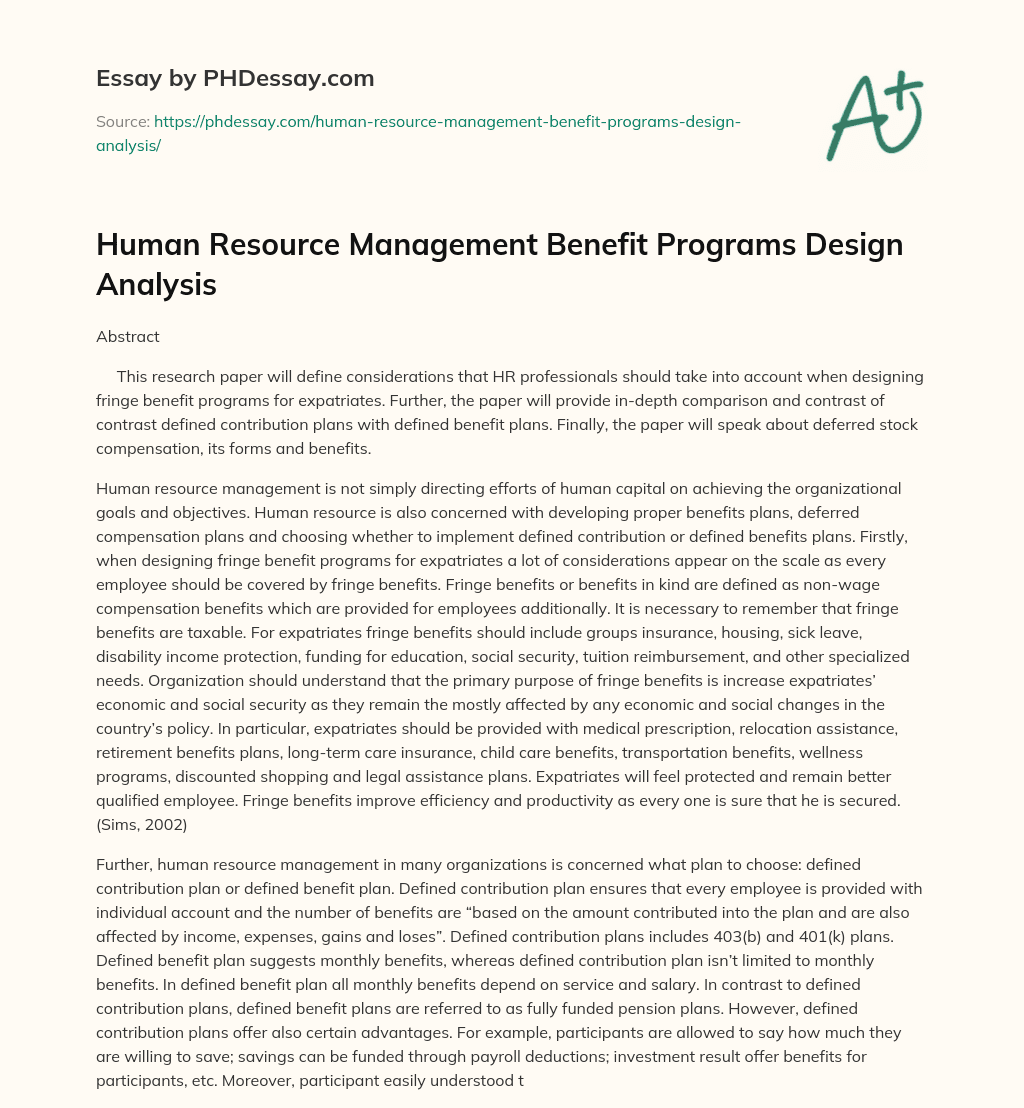 Human Resource Management Benefit Programs Design Analysis essay