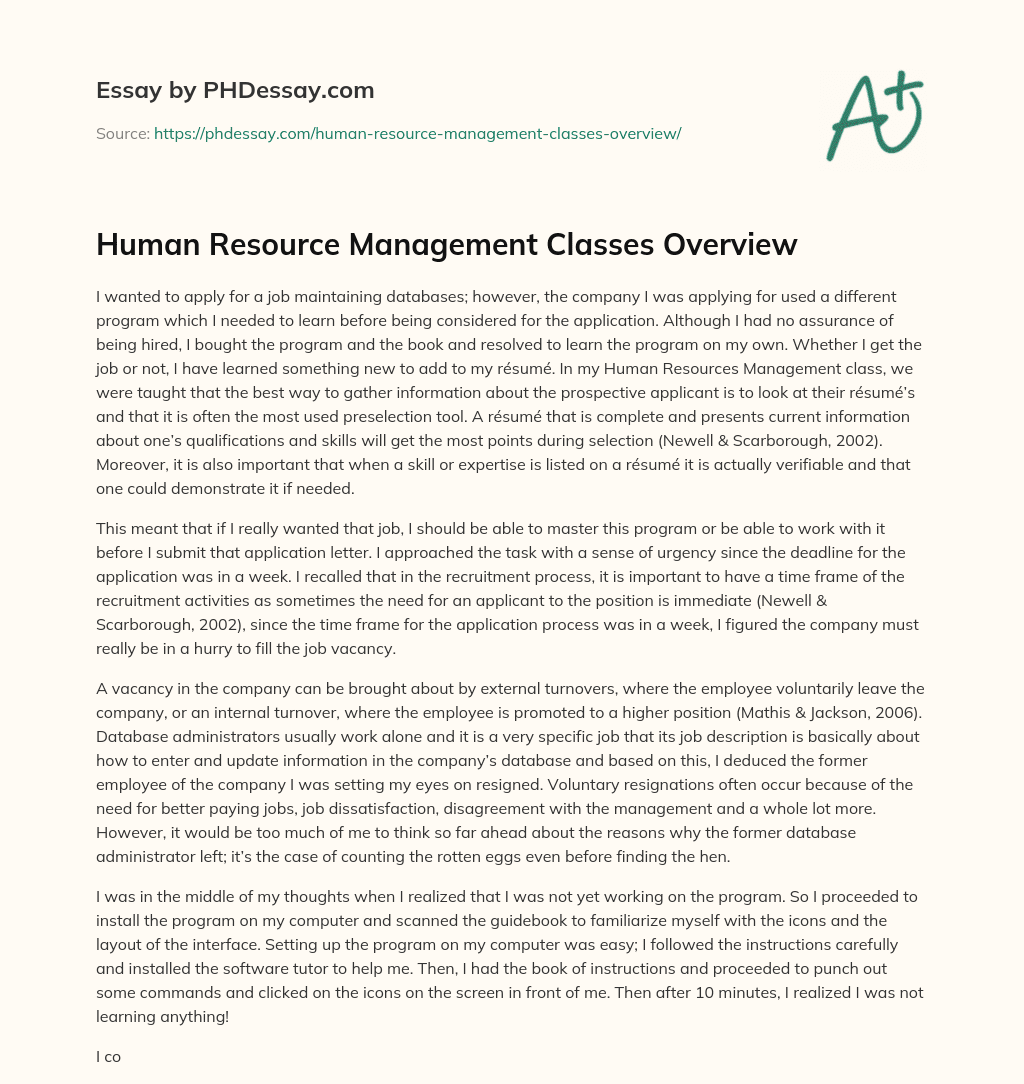 Human Resource Management Classes Overview essay