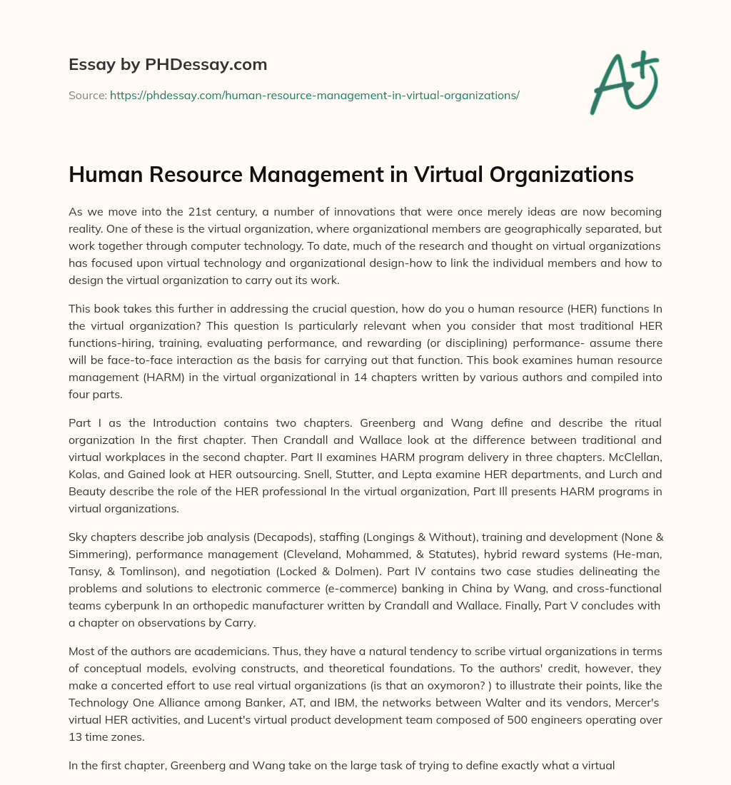 Human Resource Management in Virtual Organizations essay