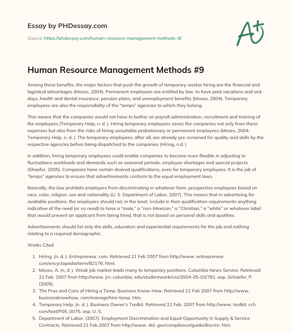 Human Resource Management Methods #9 essay