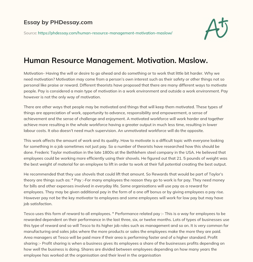 Human Resource Management. Motivation. Maslow. essay