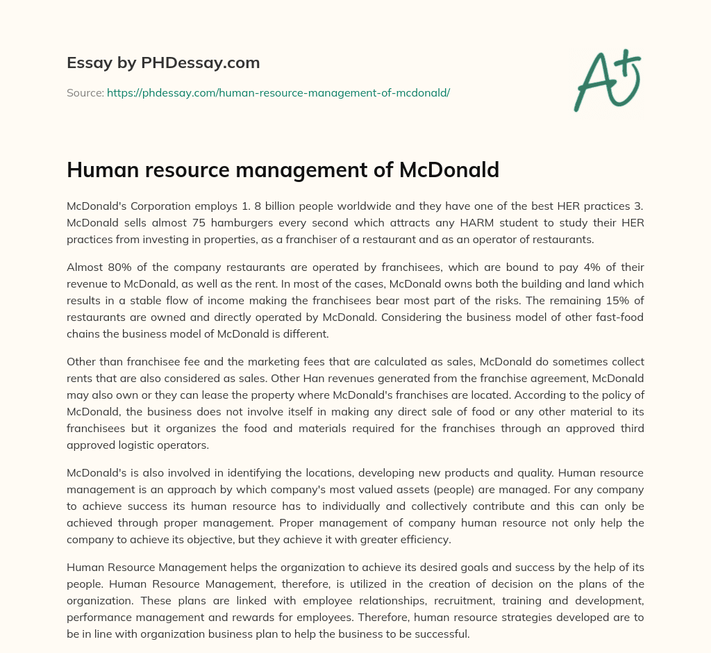Human resource management of McDonald essay
