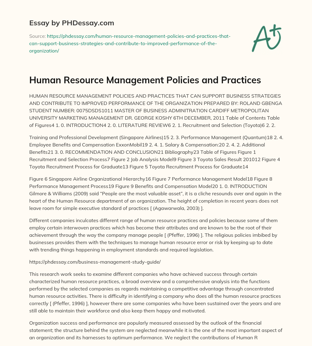 Human Resource Management Policies and Practices essay