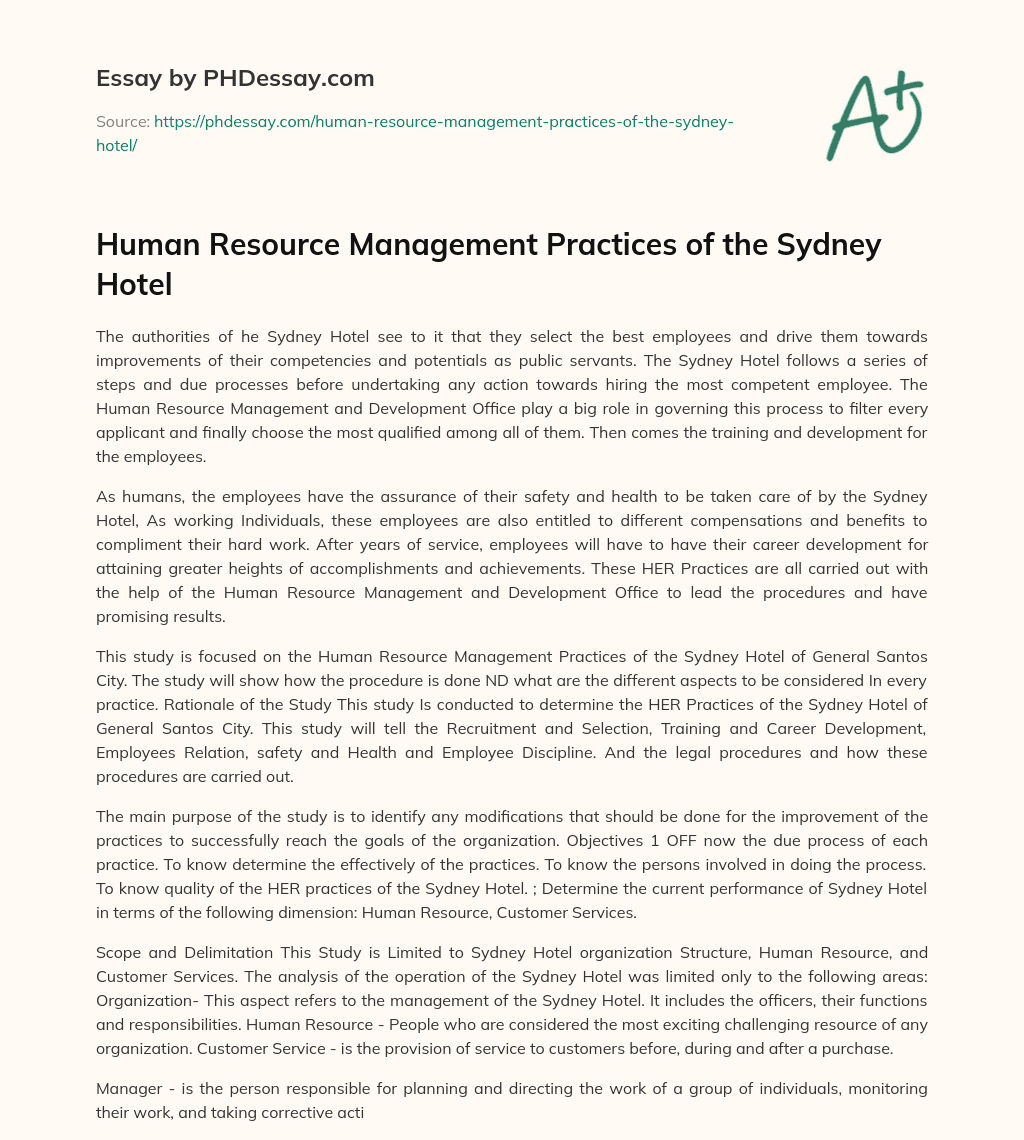 Human Resource Management Practices of the Sydney Hotel essay
