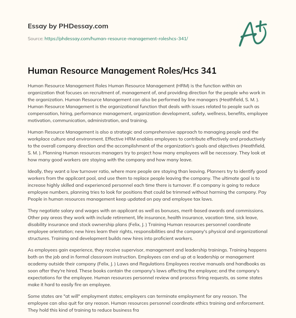 Human Resource Management Roles/Hcs 341 essay
