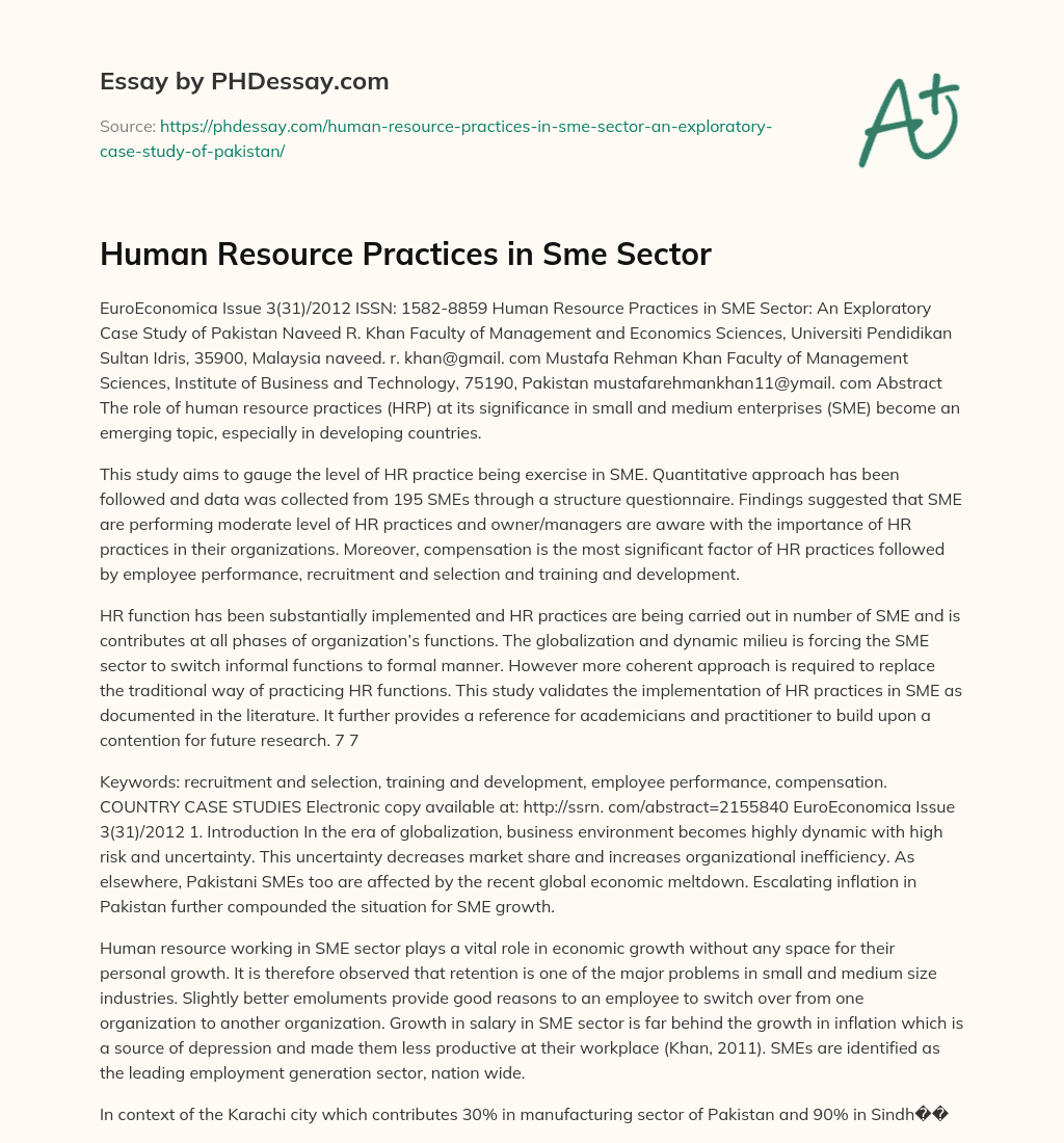 Human Resource Practices in Sme Sector essay