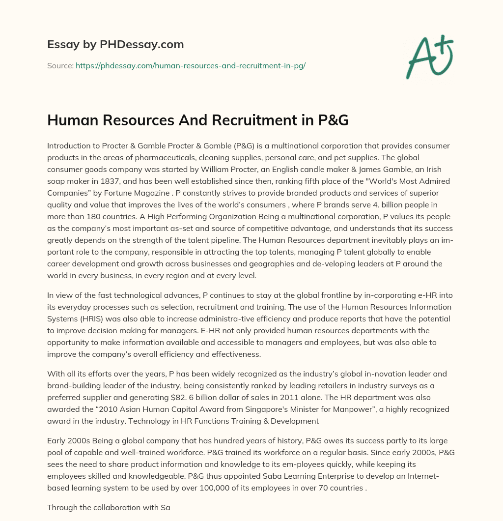 Human Resources And Recruitment in P&G essay