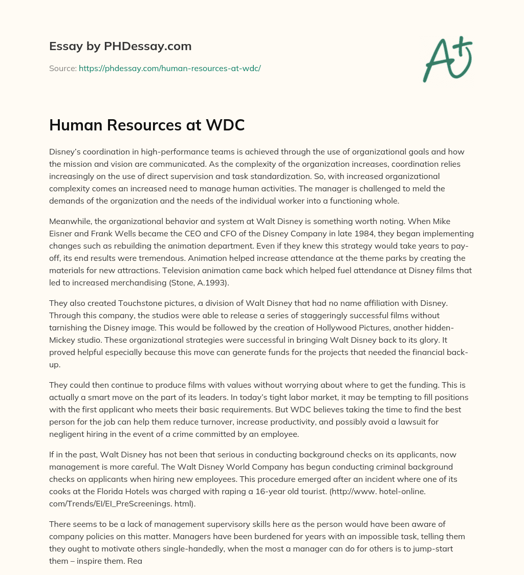 Human Resources at WDC essay