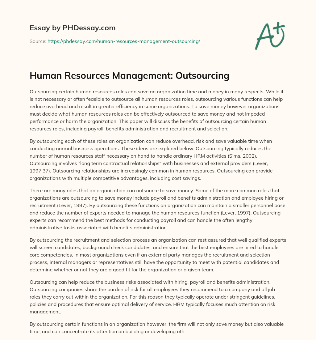 Human Resources Management: Outsourcing essay