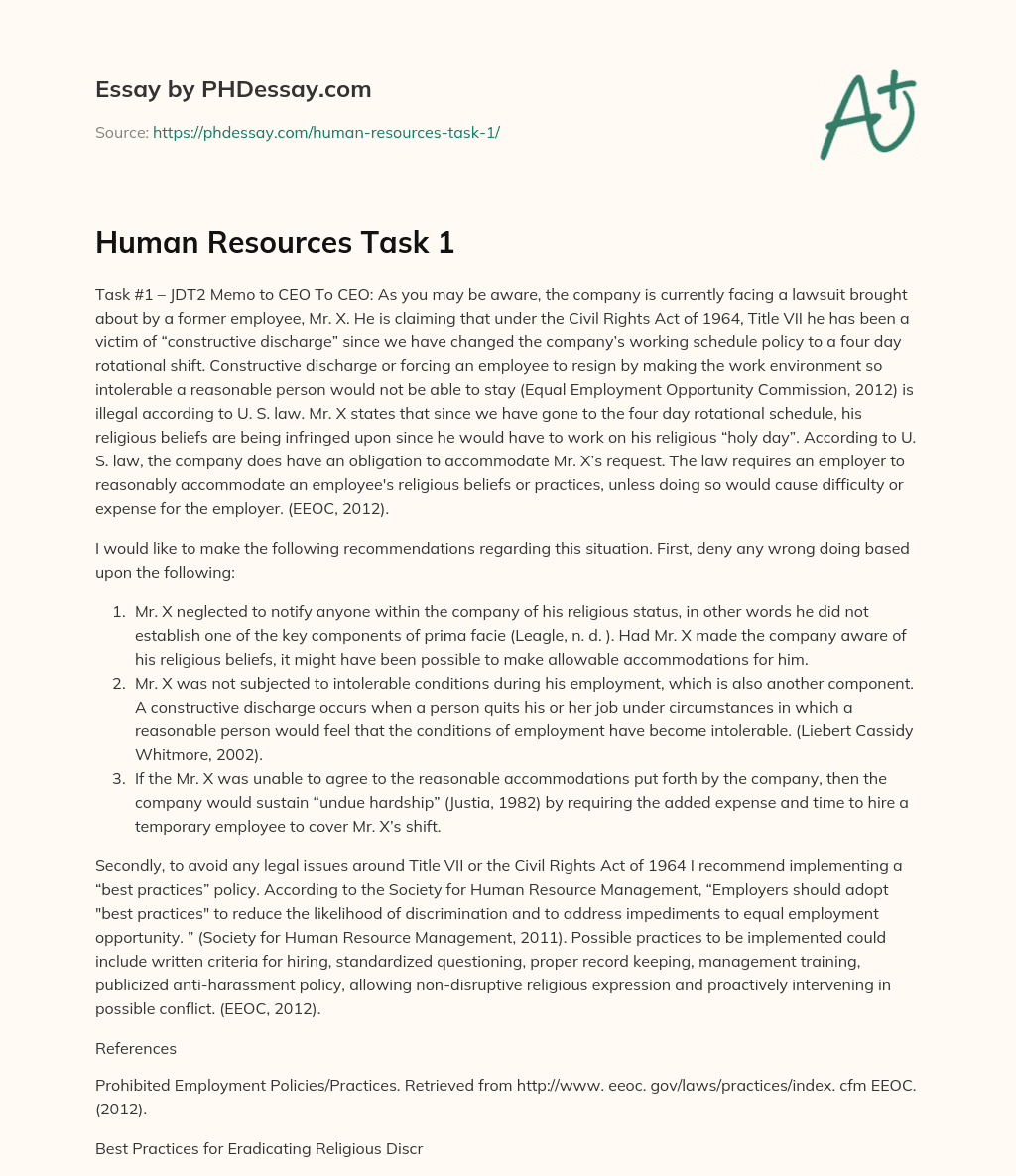 Memo to CEO: Lawsuit for Constructive Discharge and Religious Accommodation essay