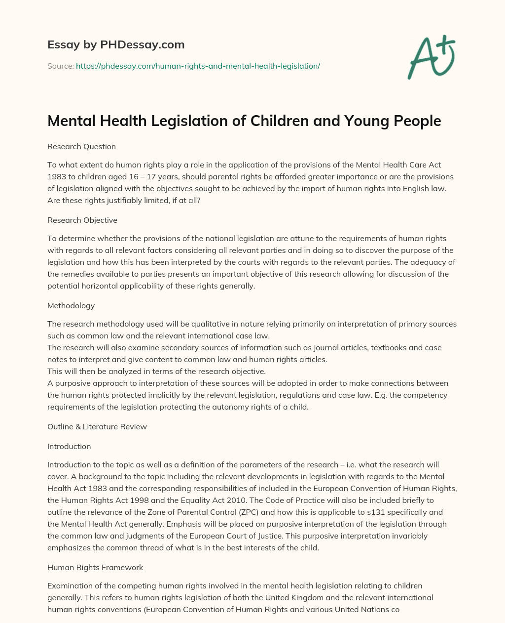 Mental Health Legislation of Children and Young People essay