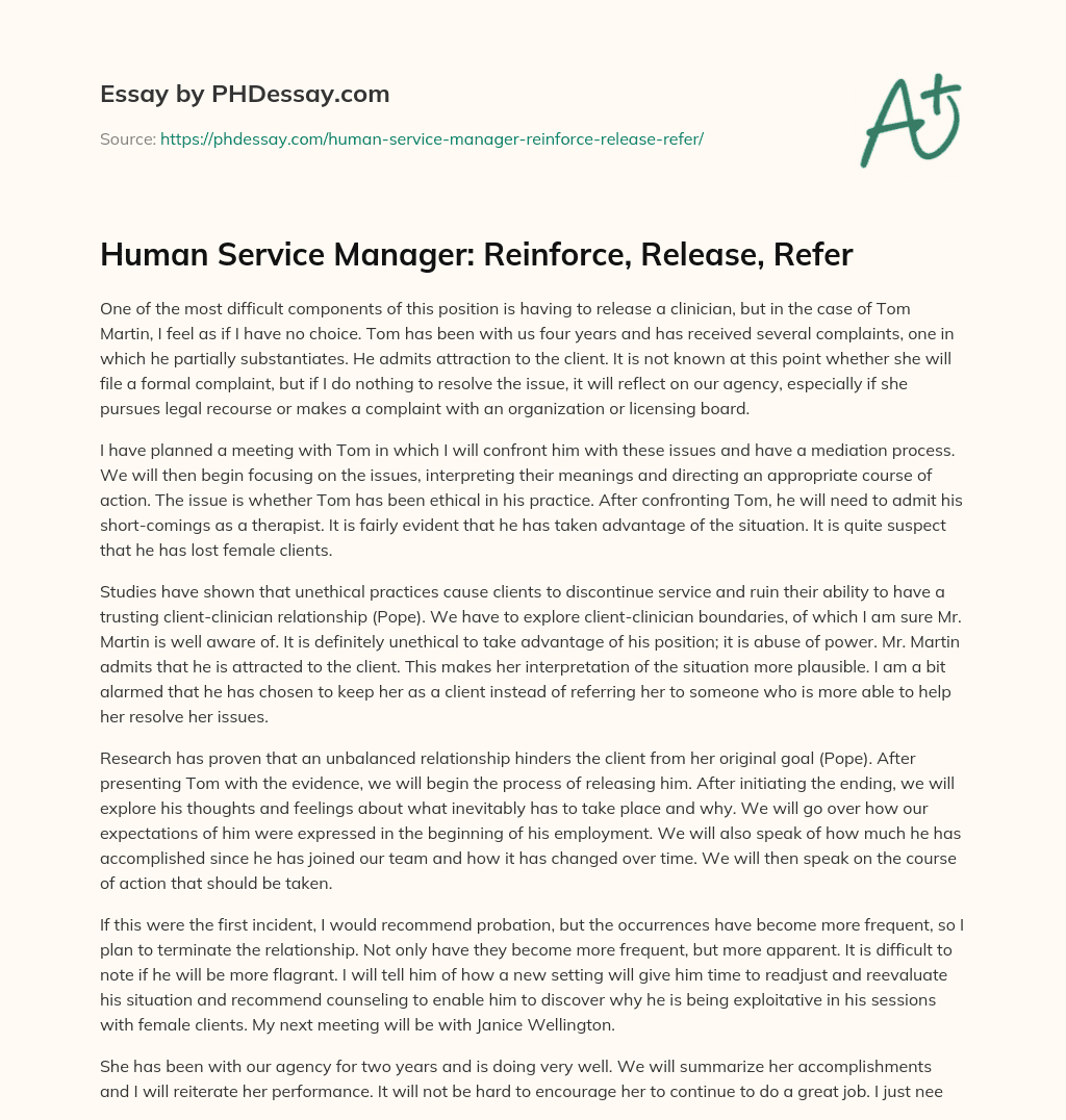Human Service Manager: Reinforce, Release, Refer essay