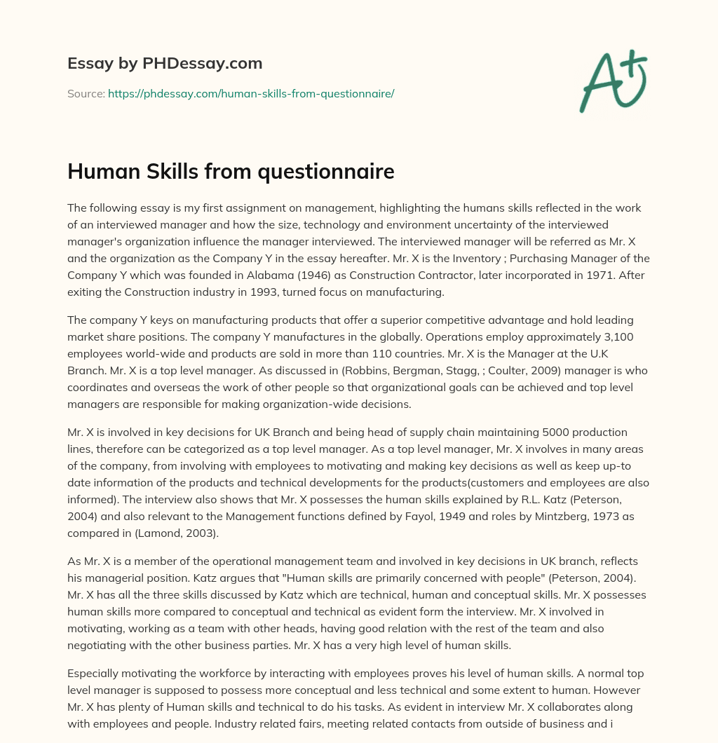 Human Skills from questionnaire essay