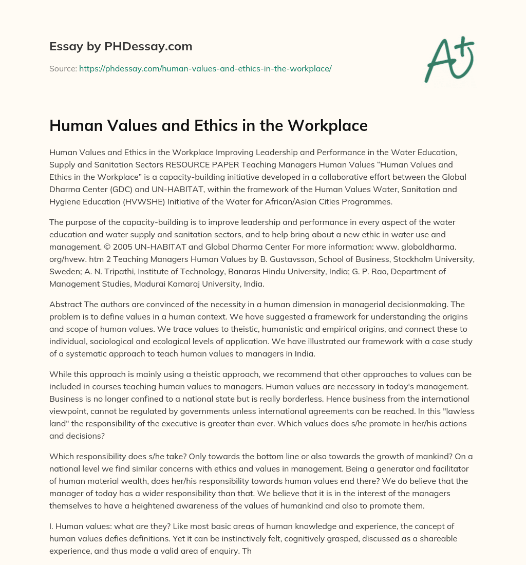 Human Values and Ethics in the Workplace essay