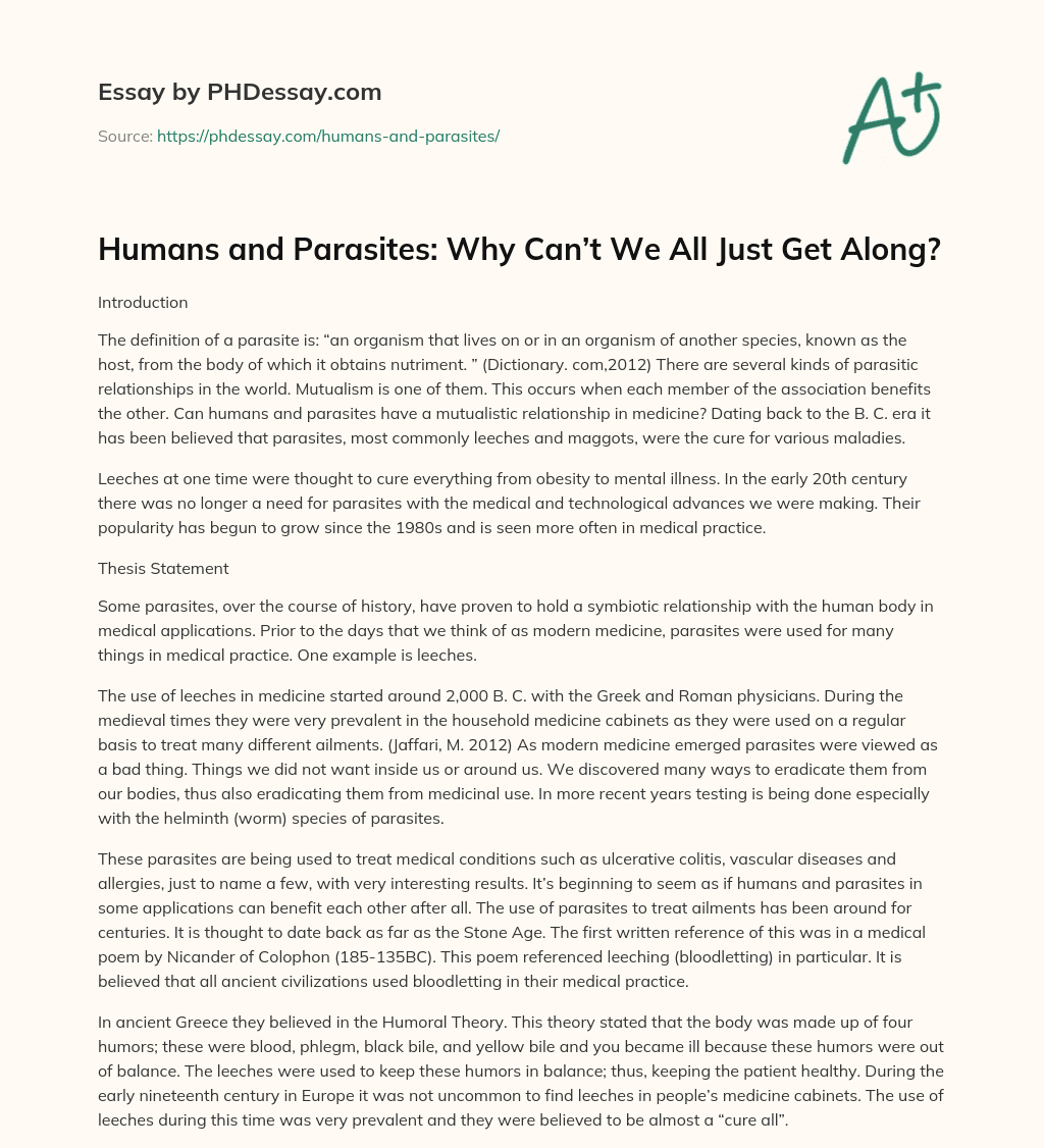 Humans and Parasites: Why Can’t We All Just Get Along? essay