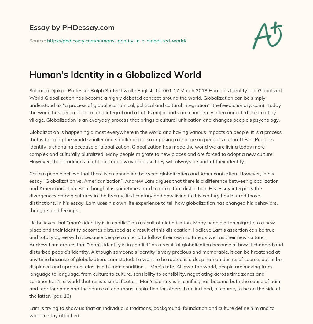 Human’s Identity in a Globalized World essay