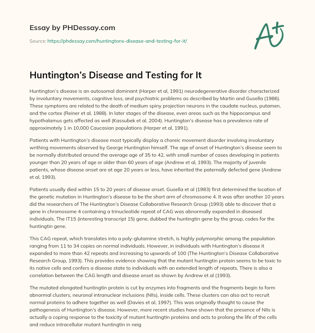 Huntington’s Disease and Testing for It essay