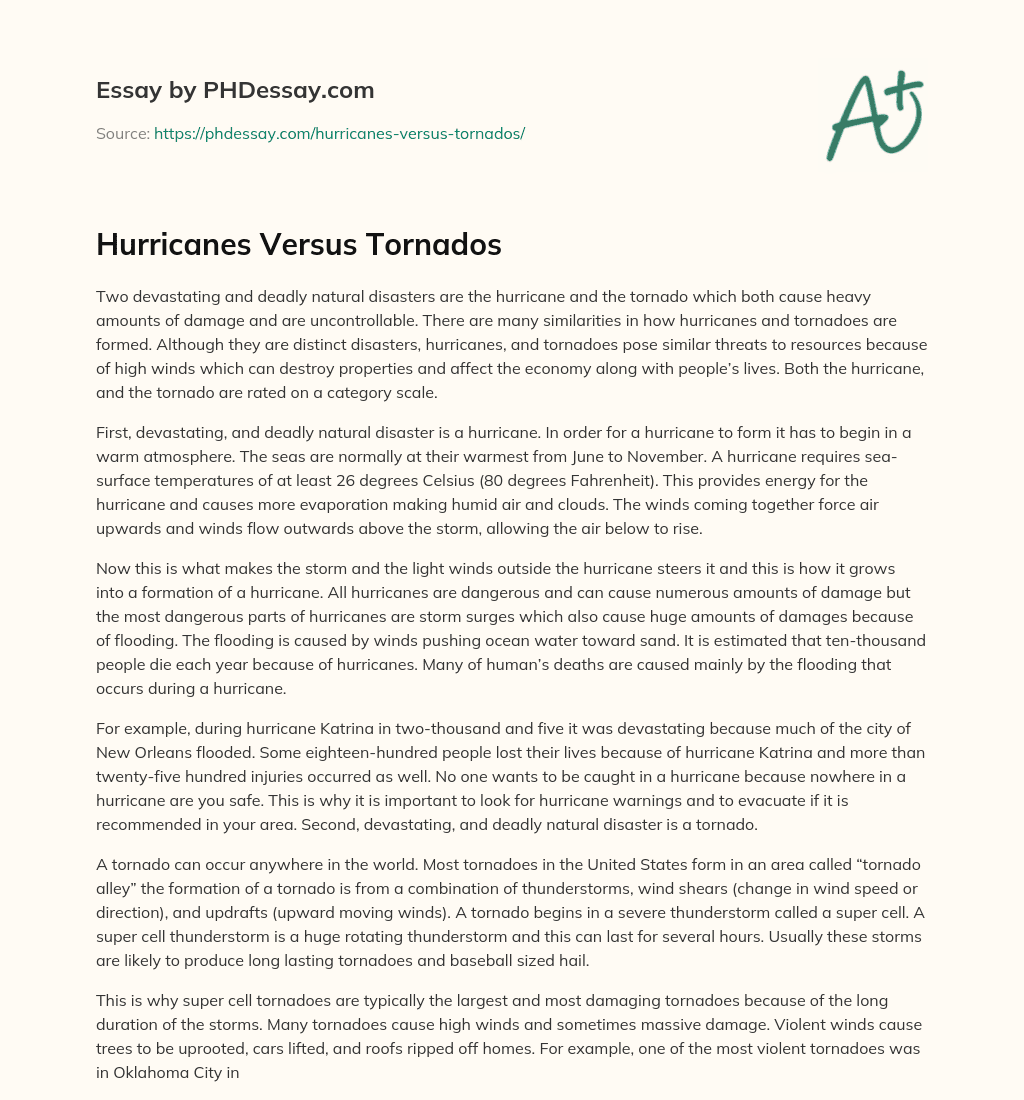 Hurricanes Versus Tornados essay