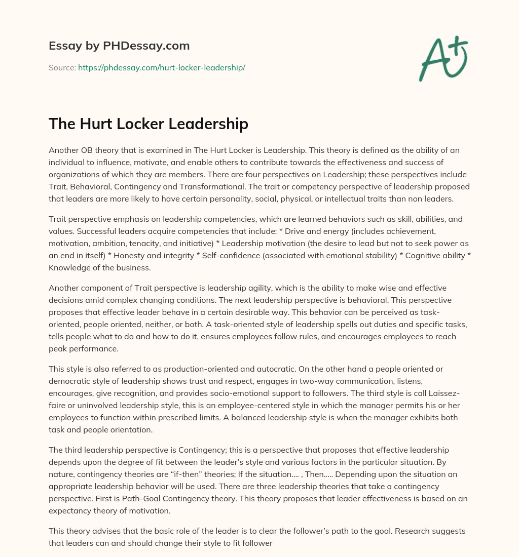The Hurt Locker Leadership essay