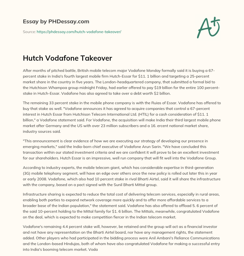 Hutch Vodafone Takeover essay