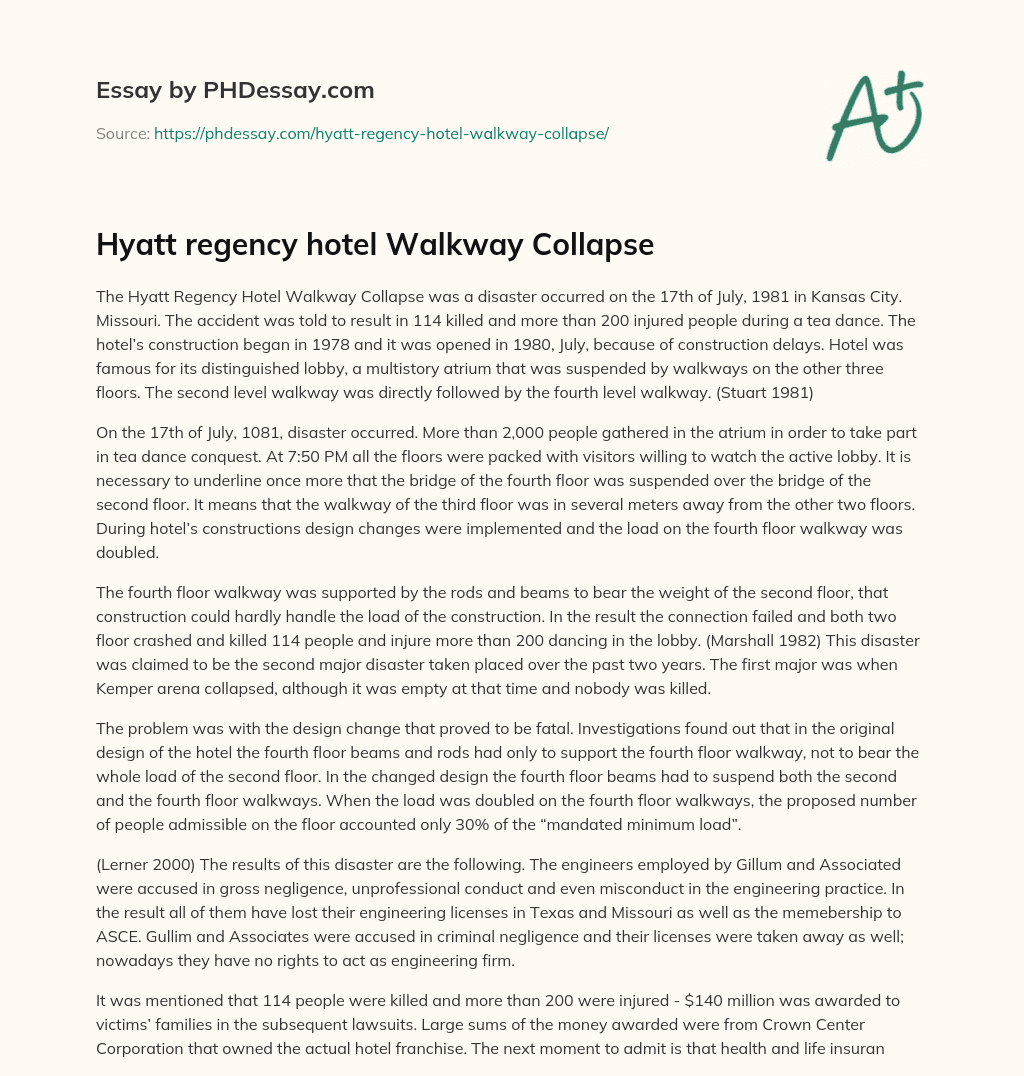 Hyatt regency hotel Walkway Collapse essay
