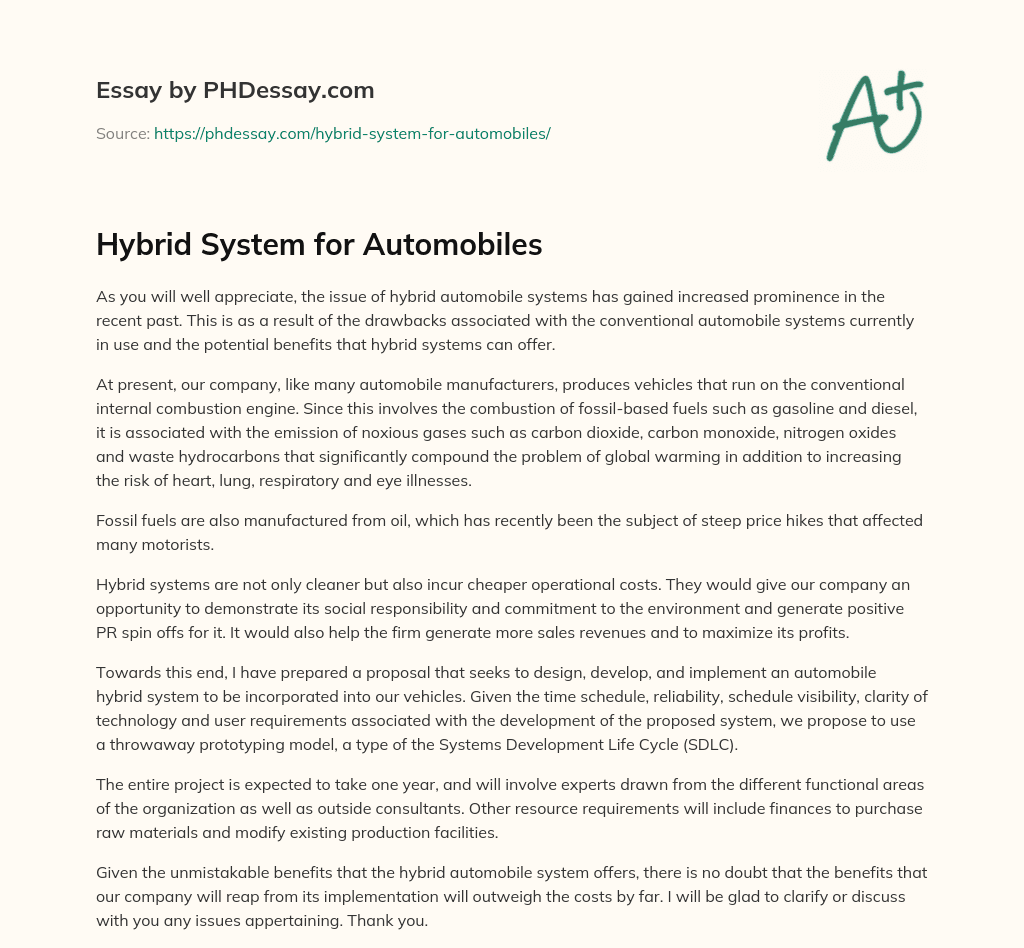 Hybrid System for Automobiles essay