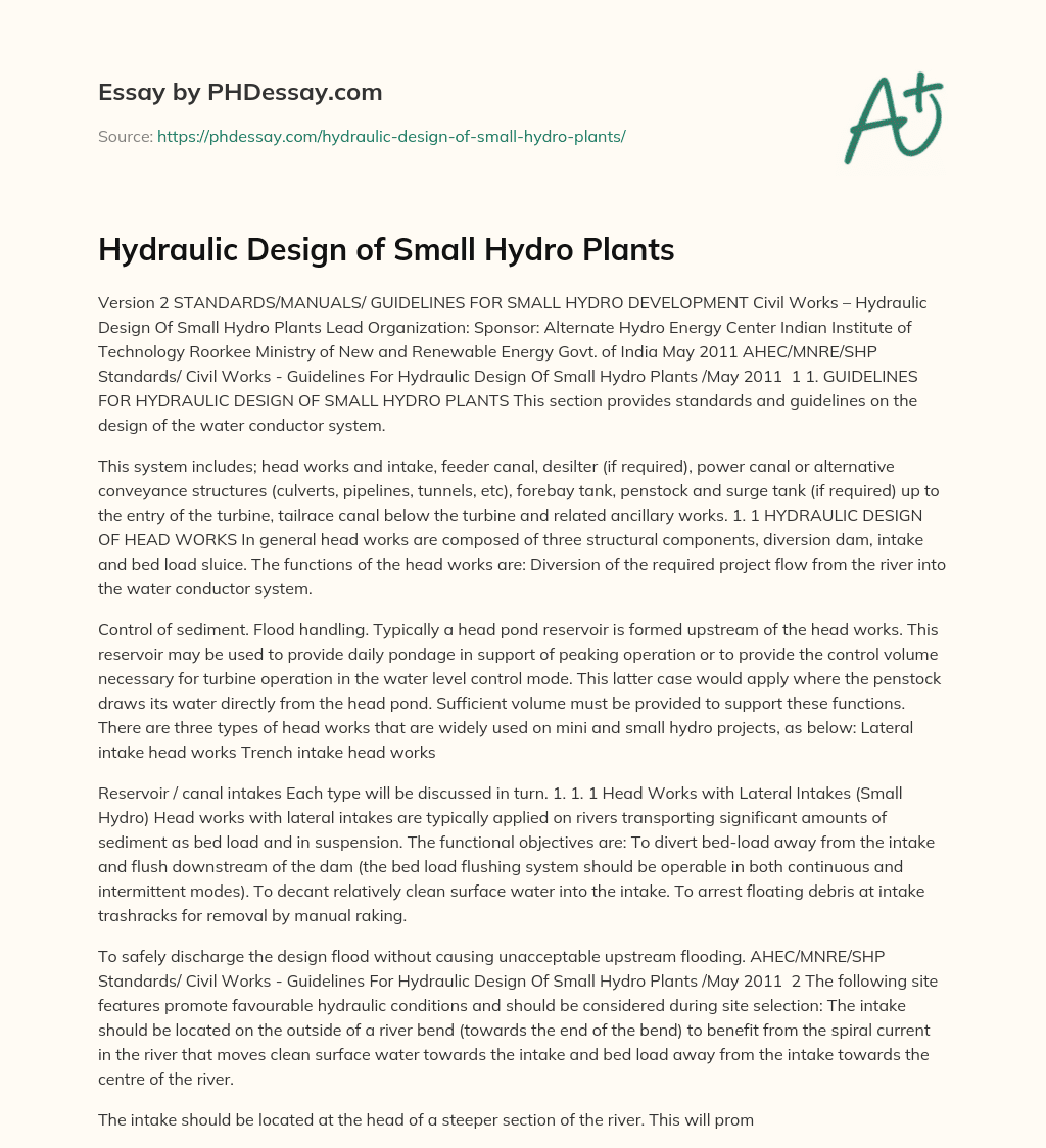 Hydraulic Design of Small Hydro Plants essay