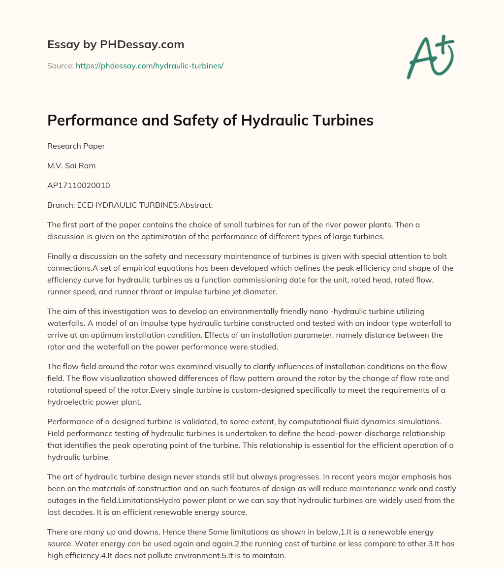 Performance and Safety of Hydraulic Turbines (400 Words)