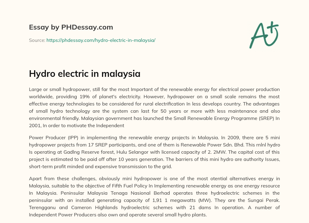 Hydro electric in malaysia essay