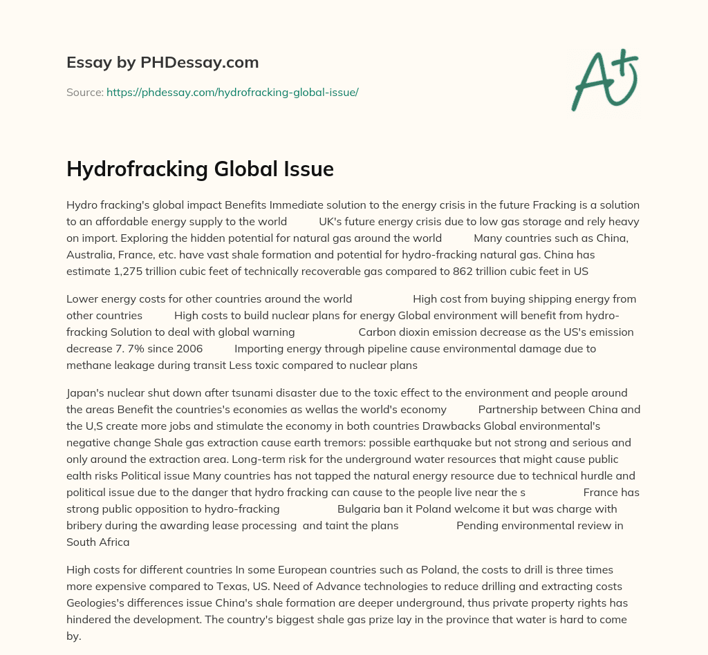 Hydrofracking Global Issue essay