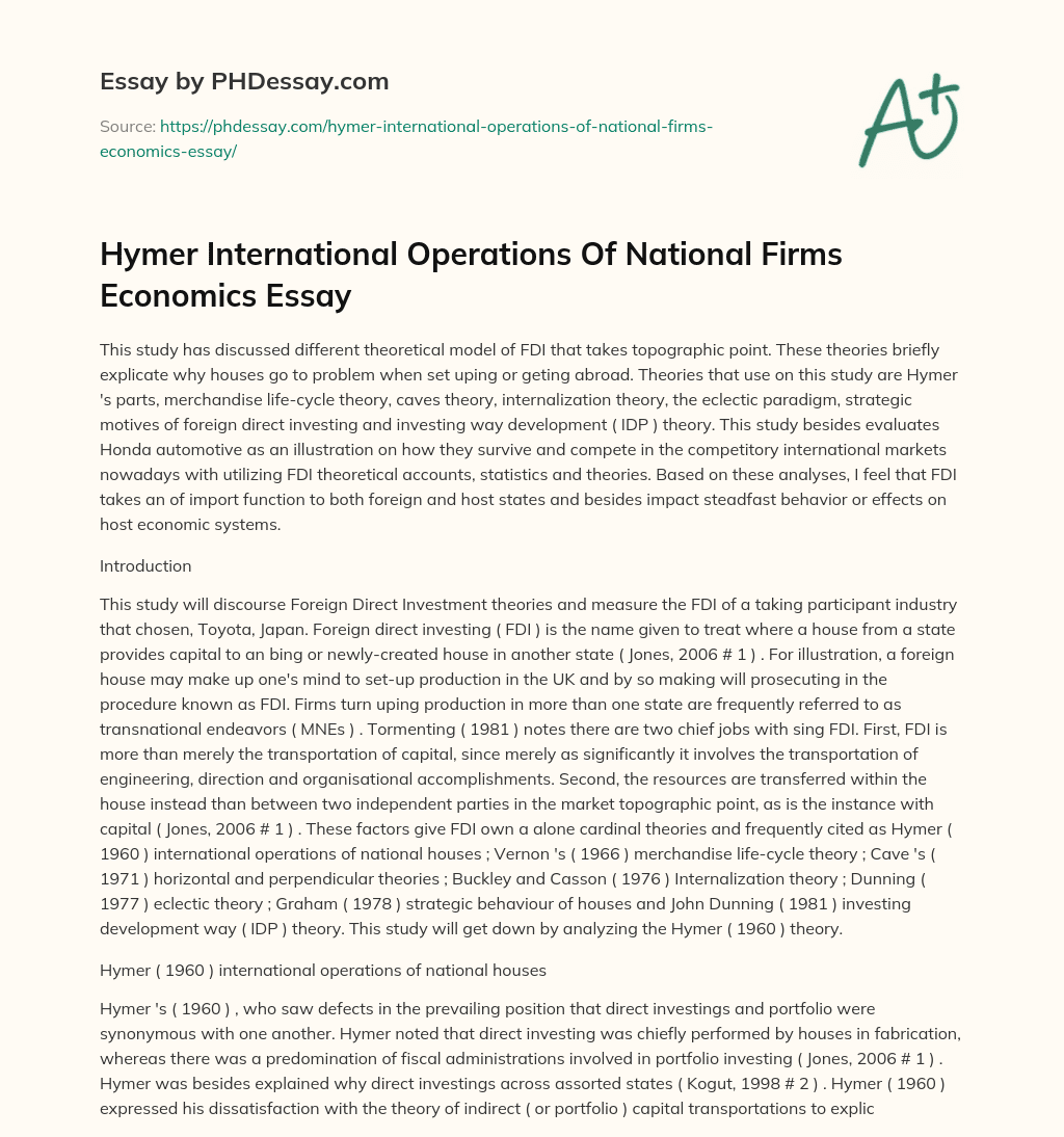 Hymer International Operations Of National Firms Economics Essay essay