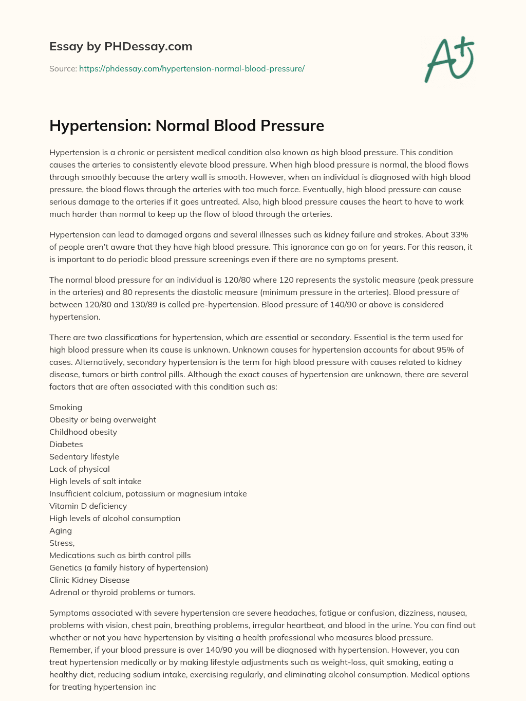 Hypertension: Normal Blood Pressure essay