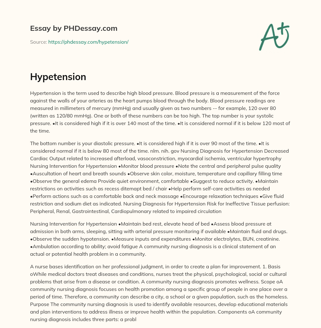 Understanding Hypertension: Definition, Measurement, and Nursing Diagnosis and Intervention essay
