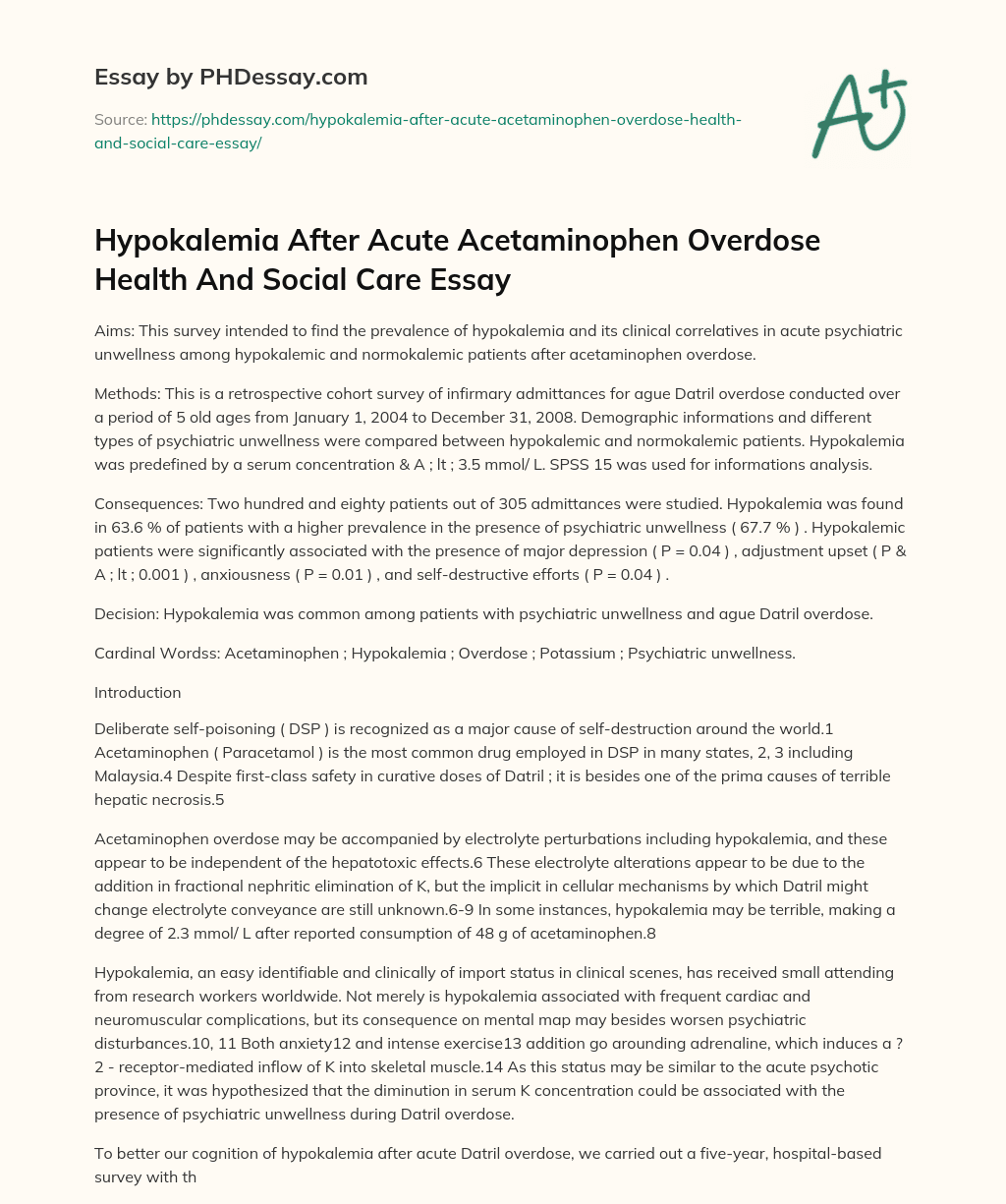Hypokalemia After Acute Acetaminophen Overdose Health And Social Care Essay essay