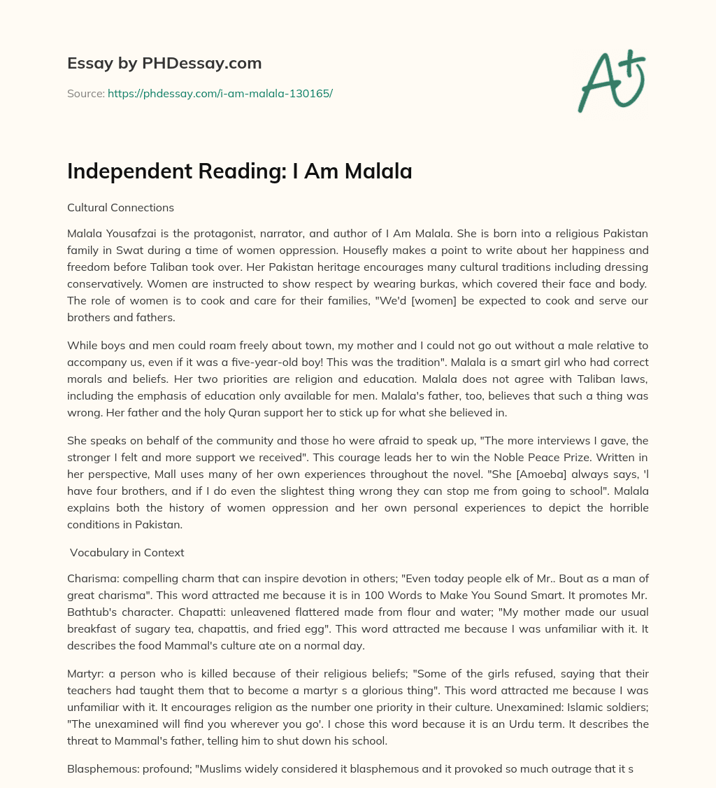 Independent Reading: I Am Malala essay