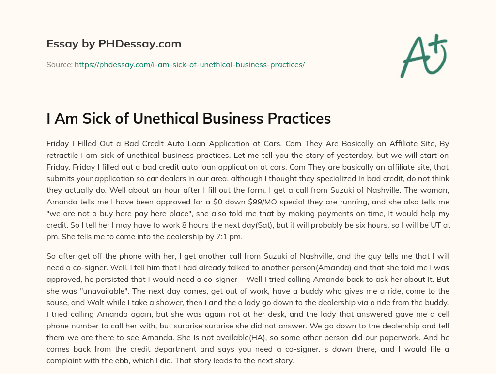 I Am Sick of Unethical Business Practices essay